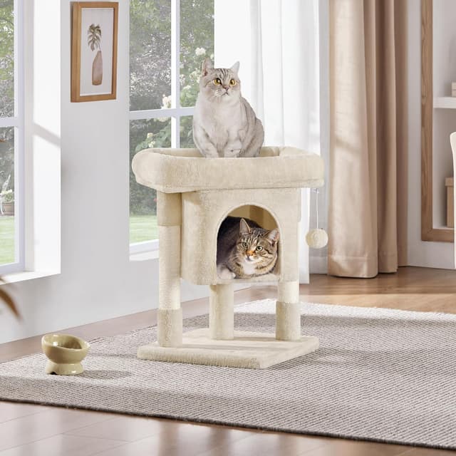 Detalle 2 de Yaheetech Arbre à chat design avec niche et plate-forme, tour griffoir 59 cm – beige
