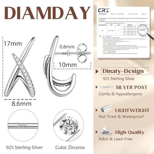 Detalle 2 de Diamday pendientes minimalistas mujer en plata de ley 925 (circonitas) con forma “X” e hipoalergénicos