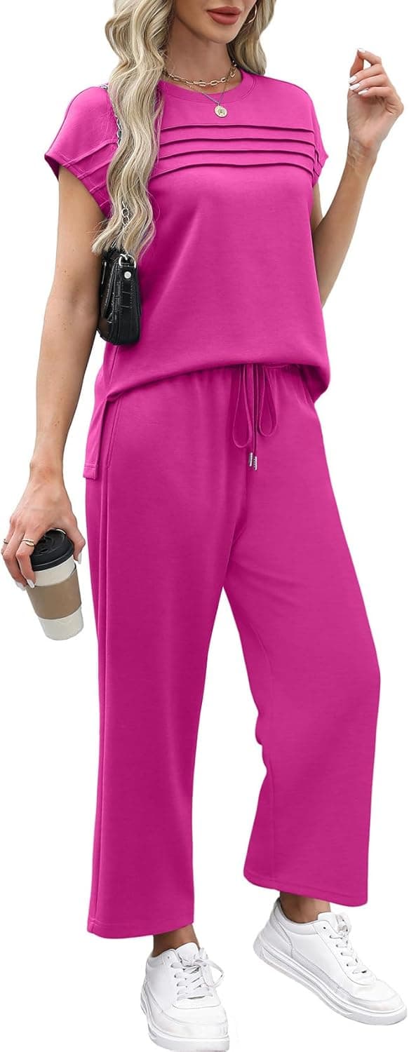 Detalle 2 de WIHOLL Two-Piece Lounge Set for Women (Cap Sleeve Top + Wide-Leg Crop Pants), S–3XL