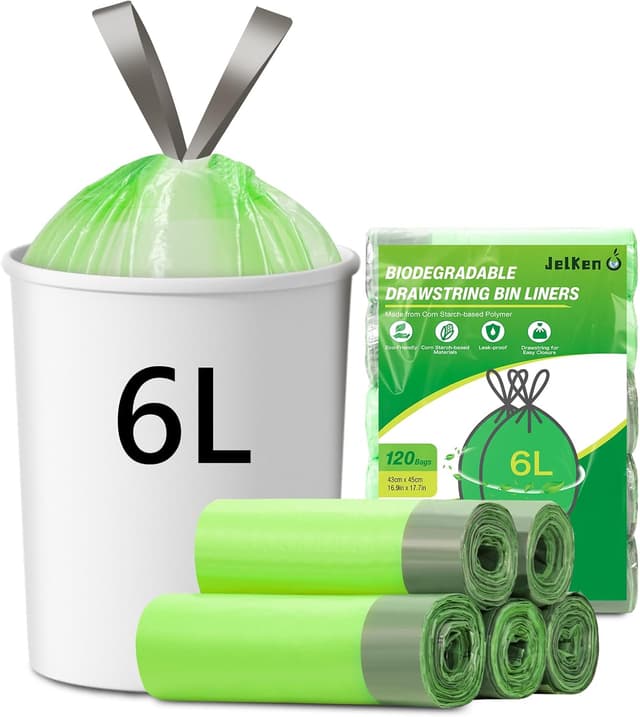 Detalle de JelKen 120 Biodegradable Bin Liner Bags (6L) with Drawstring Tie Handles, Food Waste Bags, 43 x 45cm
