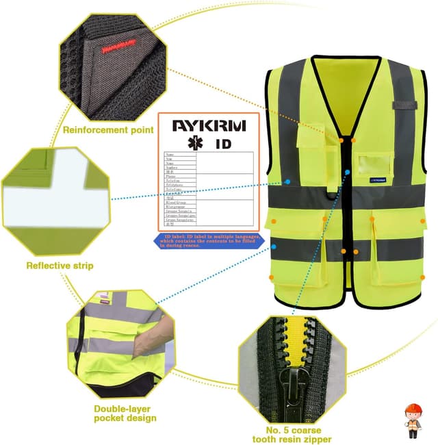 Detalle de AYKRM High Visibility Executive Safety Vest with Zipper Front, 21-Colour High-Vis Design & Phone/ID Pockets