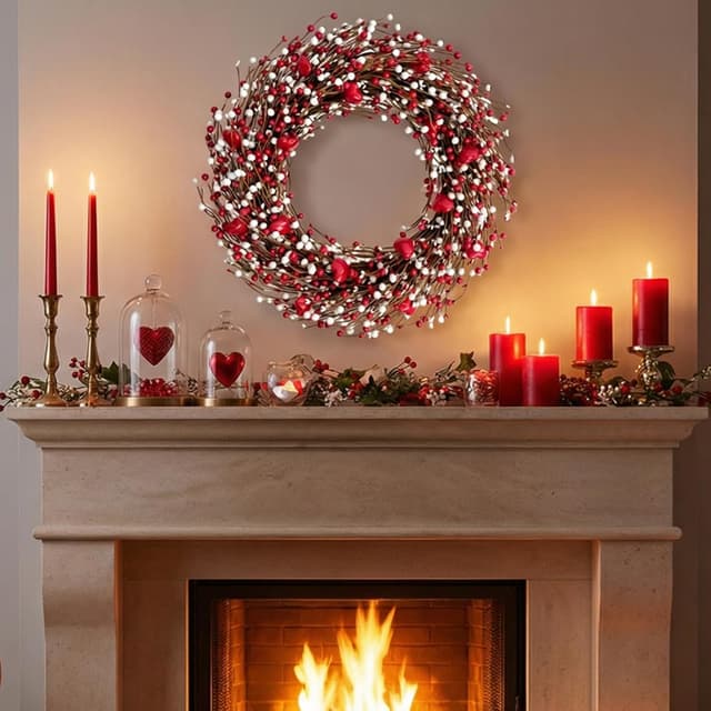 Thumbnail 2 de 24 Inch Valentines Day Red and White Berries Wreath for Front Door ❤️🎍