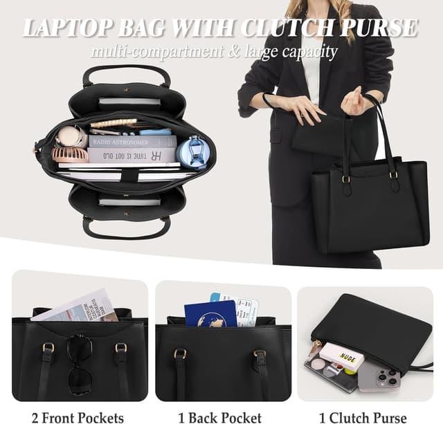 Detalle de RAINSMORE Handtasche Damen 15,6 Zoll Shopper Tote Bag mit Clutch – PU-Leder Laptoptasche für Business, Schule & Arbeit