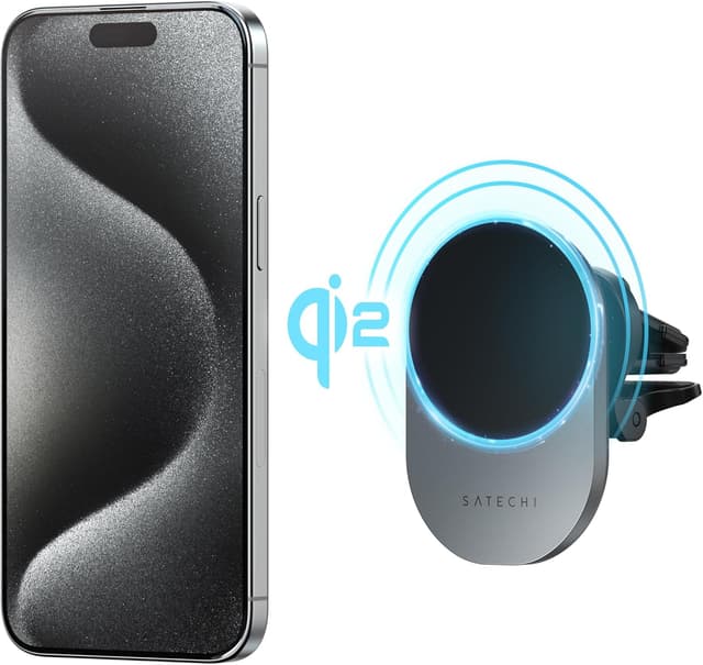 Detalle 2 de SATECHI Chargeur voiture sans fil Qi2 15 W avec support magnétique pour aérateurs