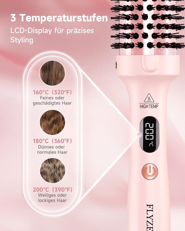 Detalle 2 de Thermobürste FLYZEMAA Thermal Brush 38 mm mit LCD-Display, 3 Temperaturstufen & Dual-Spannung (rosa)