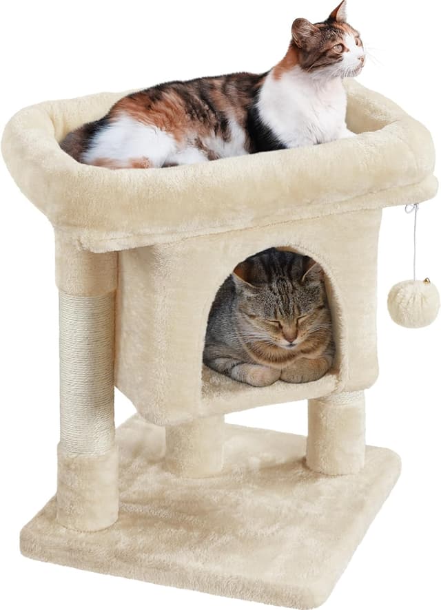 Detalle de Yaheetech Arbre à chat design avec niche et plate-forme, tour griffoir 59 cm – beige
