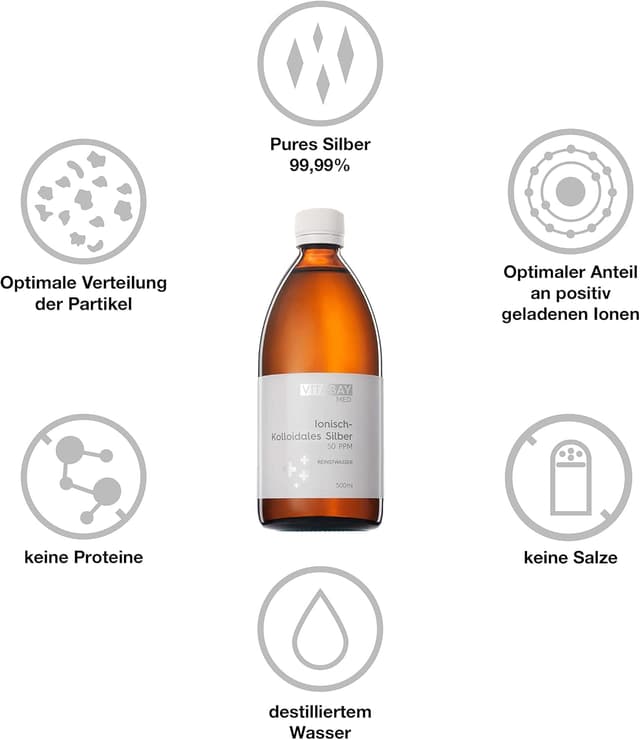 Detalle de Vitabay Med Argent Colloïdal 50 PPM (99,99%) en flacon ambre de 500 ml