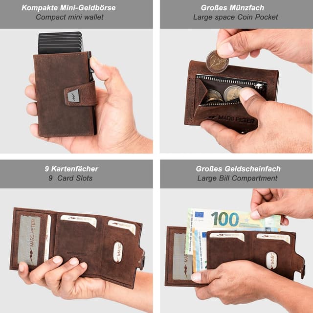 Detalle de Marc Peter Herren-Geldbörse aus Leder mit RFID-Schutz, Münzfach und Slim-Pop-up Kartenetui (Vintage Braun)