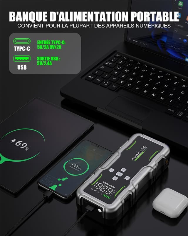 Thumbnail 6 de VoltSurge 7000A : arrancador de batterie 12V avec compresseur 160 PSI et écran LCD