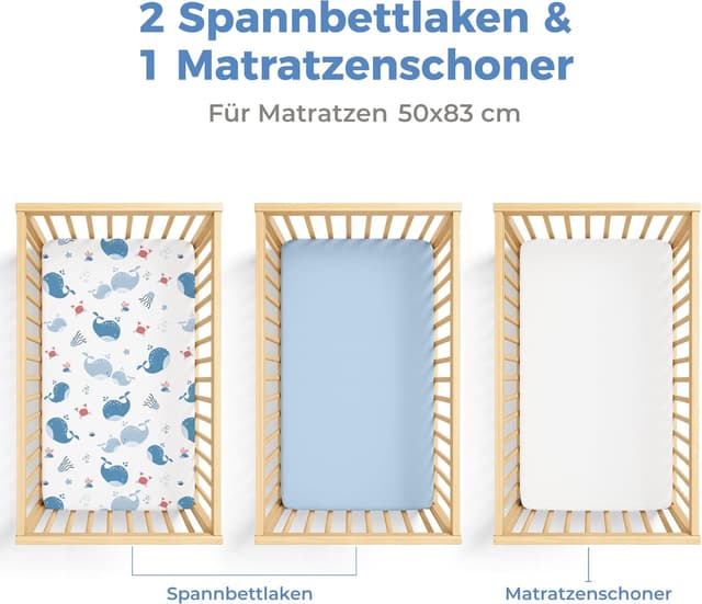 Detalle 2 de Dreamzie Set 2 Spannbettlaken Kinderwagen + 1 Matratzenschoner Babybett (50x83 cm) aus 100% Baumwolle, wasserdicht