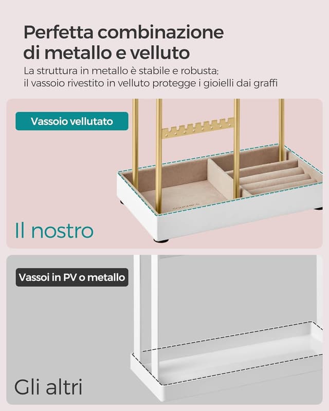 Detalle de SONGMICS Portagioie JJS021A01 in metallo e velluto, per collane, orecchini e anelli (dorato)