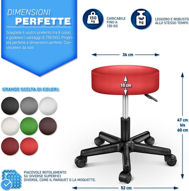 Detalle de TRESKO sgabello girevole da lavoro per estetiste, studi e ambulatori, regolabile in altezza