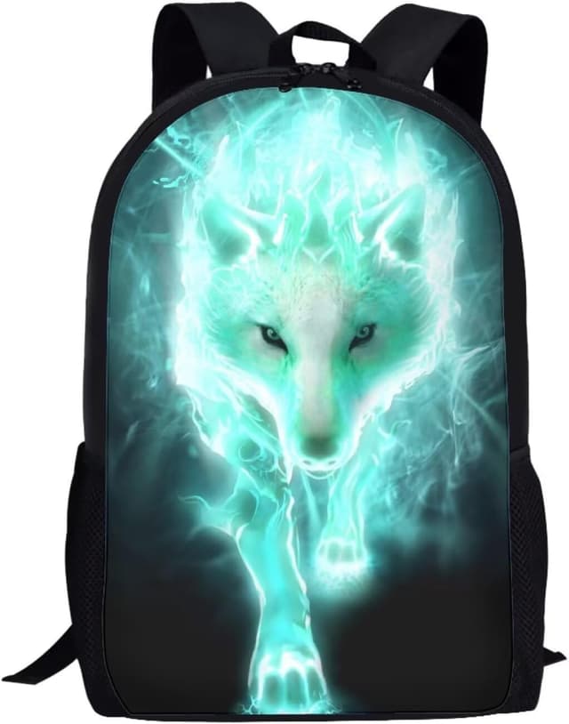 Detalle de Amzbeauty Teal Wolf Print Backpack for Students (Boys) – Teal school bag