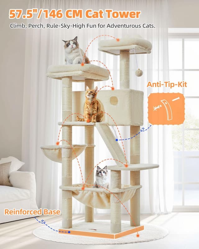 Detalle de Taoqimiao 146cm Cat Tree (MS026M) with 8 Sisal Scratching Posts, Hammock & 2 Top Perches