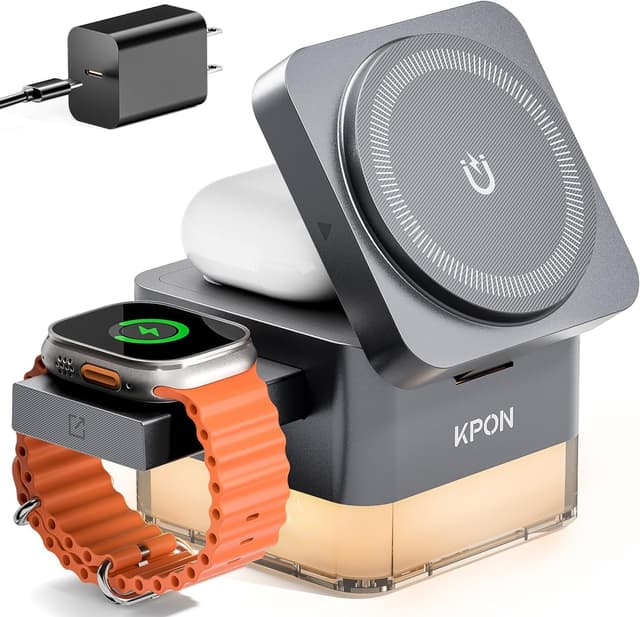 Detalle de KPON Nightstand Charging Station (15W) — 3-in-1 MagSafe Wireless Charger Stand with Night Lamp