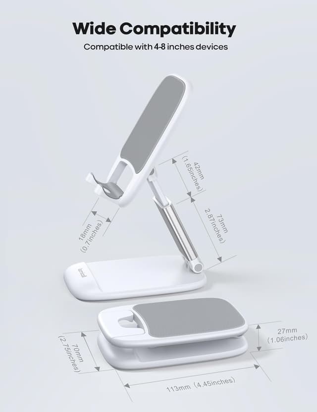 Detalle de Lamicall Adjustable Phone Stand for Desk (Foldable Metal Base) – White, for 4"–8" phones & tablets