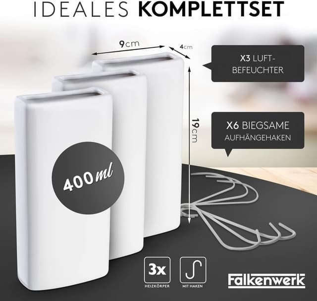 Detalle 2 de FALKENWERK universelle Keramik-Heizkörper-Luftbefeuchter (3 Stück) mit flexiblem Aufhängehaken – ohne Strom, passend für alle Heizungen