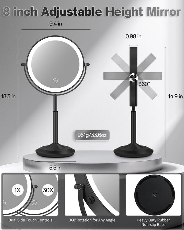 Detalle de VFD 30X/1X Lighted Makeup Mirror with Height Adjustment and Rechargeable Battery