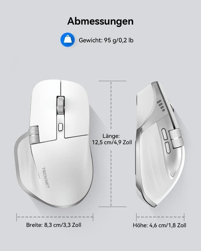 Detalle de TECKNET kabellose Bluetooth-Maus (BT 5.3/5.0 + 2,4G) mit 7 Tasten, 4.800 DPI, USB-C – weiß