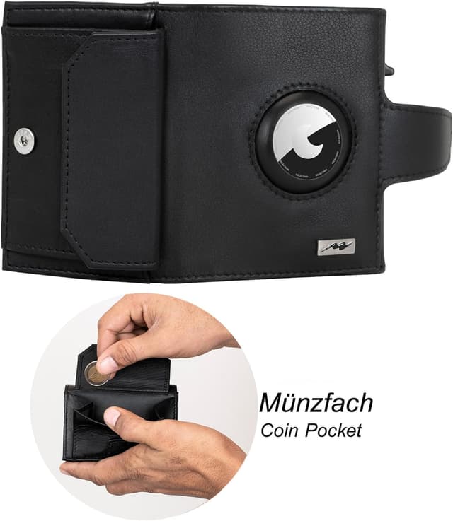 Detalle 2 de Marc Peter Chicago Leder Push Air Slim Wallet – AirTag-Geldbörse mit Münzfach (RFID-Schutz) in Schwarz