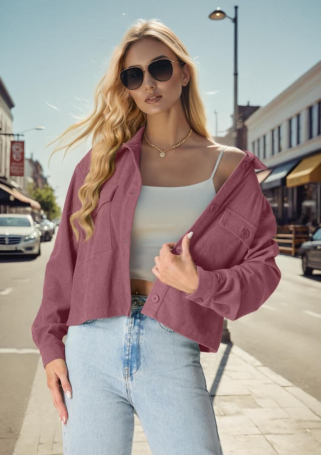 Detalle 2 de IWOLLENCE Cordjacke Damen Hemdjacke Cordhemd – kurze Shacket mit Revers und Knopfleiste