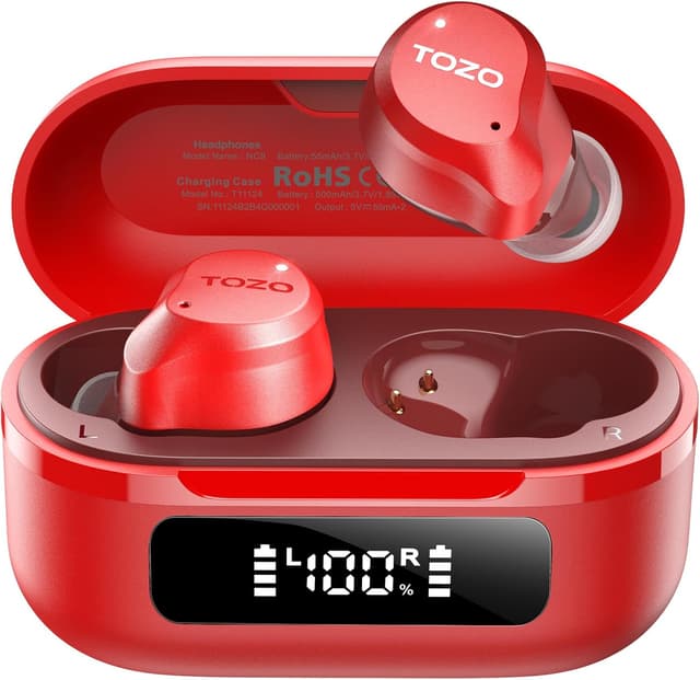 Detalle de TOZO NC9 cuffie Bluetooth 5.3 con ANC ibrido, 6 microfoni ENC e modalità trasparente (Rosso)