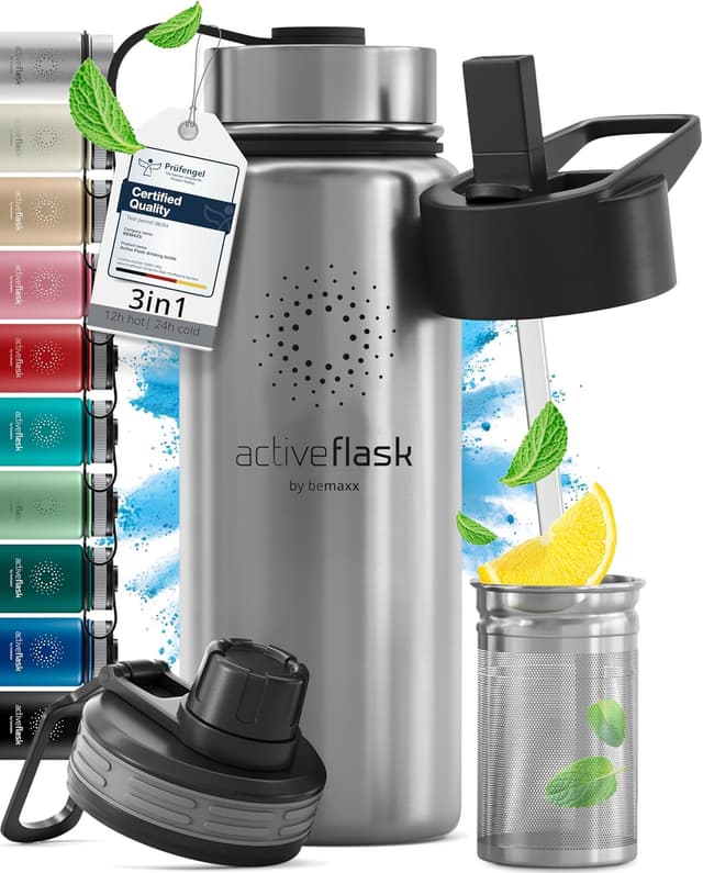 Detalle de ACTIVE FLASK Trinkflasche Edelstahl mit Strohhalm-Verschluss (3 Deckel), auslaufsicher & BPA-frei – geeignet für kohlensäurehaltige Getränke