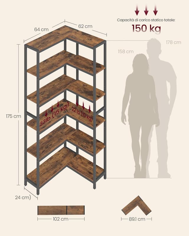 Detalle de VASAGLE Libreria angolare a 6 ripiani LLS606K01, stile moderno, marrone vintage e nero inchiostro