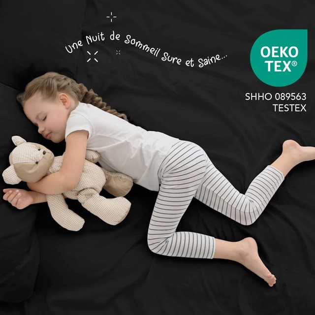 Detalle de Dreamzie Parure de lit 160x200 cm (4 pièces) en microfibre noir certifiée Oeko-Tex