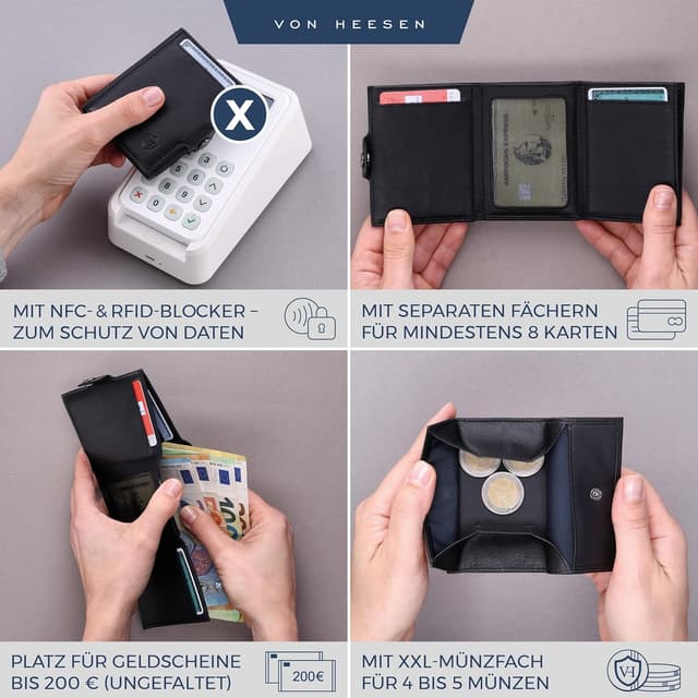 Detalle 2 de VON HEESEN Slim Wallet mit XXL-Münzfach & RFID-Schutz – Leder-Kartenetui in Schwarz