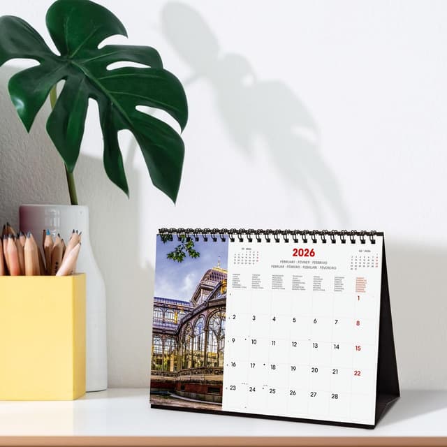 Detalle 2 de Finocam Tischkalender 2026 mit Monatsansicht (Jan–Dez. 2026 + Sep–Dez. 2025 reduziert) und mehrsprachigem Kalendarium