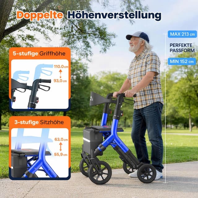 Detalle de WALK MATE Rollator für große Menschen bis 2 m – höhenverstellbar, faltbar & leicht mit Sitz