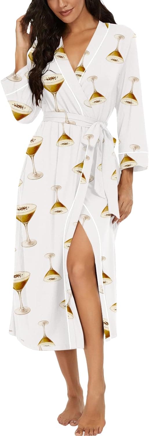 Detalle de PrinStory Damen-Leichtkimono Bademantel mit 3/4-Ärmeln (95% Viskose, 5% Elasthan)