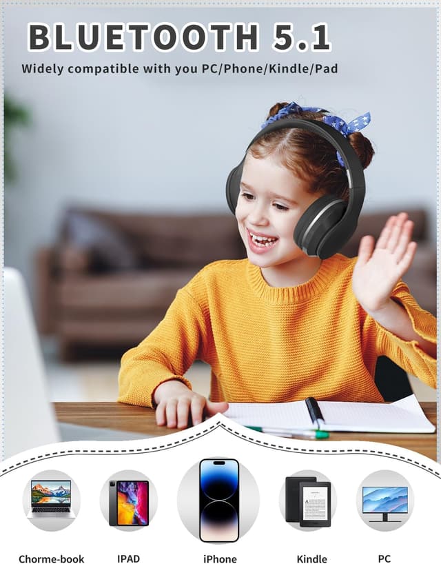 Detalle de Xunpuls Bluetooth Kids Headphones (Bluetooth 5.1, Over-Ear, Foldable) – Black
