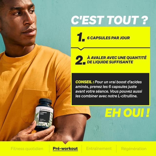 Detalle de L-Arginine 365 gélules véganes – 4 500 mg HCL par dose journalière (3 750 mg L-arginine pure)