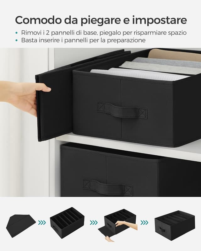 Detalle 2 de SONGMICS Set di 4 organizzatori per armadio a 6 scomparti RUS009B04 (42 x 30 x 17 cm), scatole pieghevoli per biancheria – nero inchiostro