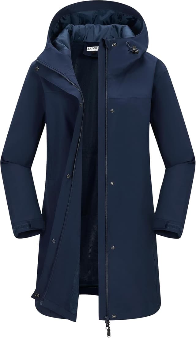 Detalle 2 de 33,000ft Damen Regenjacke Windbreaker lang mit Kapuze – wasserdichte Softshell-Übergangsjacke für Frühling, Sommer & Herbst