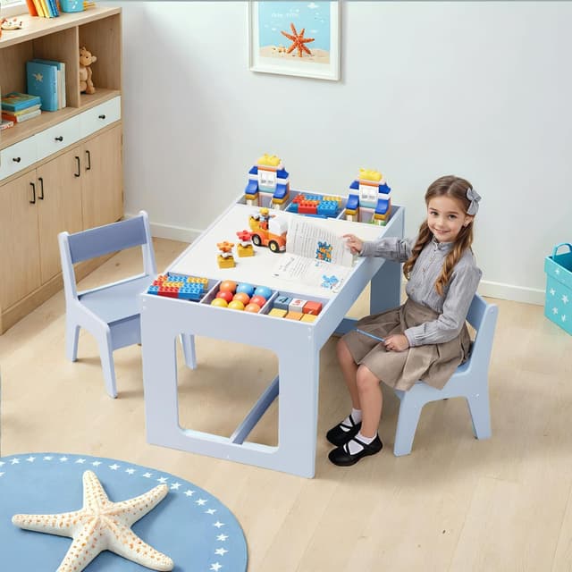 Detalle 2 de Clevich Kindersitzgruppe mit Stauraum, Kindertisch mit 2 Stühlen, Kinder Tisch Stuhl Set mit wendbarer Tischplatte, Packung mit 2 Stühlen, Kinderschreibtisch für Kindertagesstätte, ab 3 Jahren, BlauClevich Kindersitzgruppe mit Stauraum, Kindertisch…