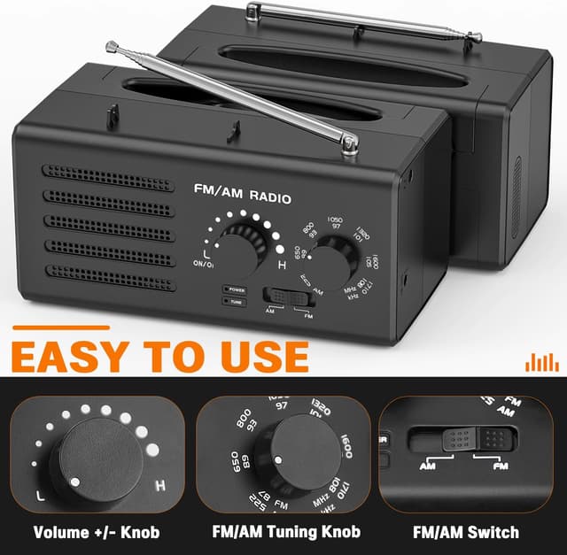 Detalle 2 de Radio portable AM/FM noire avec réception améliorée, haut-parleur intégré, prise casque et USB