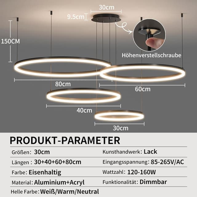 Thumbnail 4 de Mikeru Runde 4‑Ringe-Pendelleuchte mit 10–100% Dimmer und 3 Farbtemperaturen (30+40+60+80 cm)