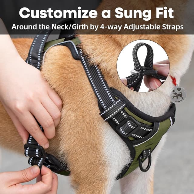 Detalle de PoyPet No Pull Dog Harness with Reflective Vest, 2 Leash Attachments and Control Handle (Army Green, L)