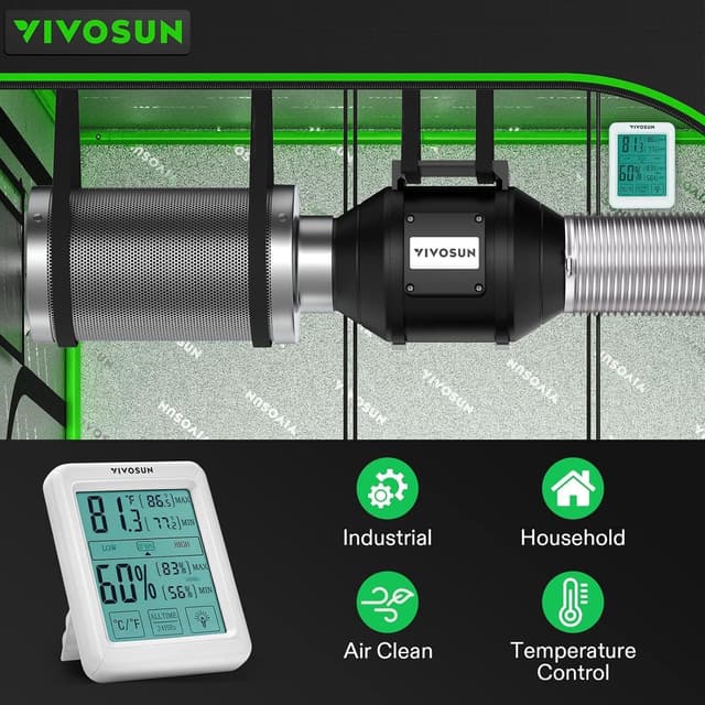 Detalle de VIVOSUN Ventilatore Inline a Canale 200 mm con aspiratore 1223 m³/h, filtro a carbone attivo e sensore temperatura-umidità per grow tent