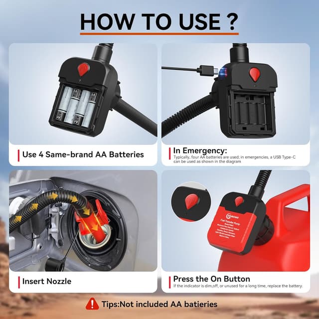 Detalle de SENBOWE Automatic Fuel Transfer Pump with Auto-Stop (Up to 4.2 GPM), Battery or USB Powered, 51" Hose