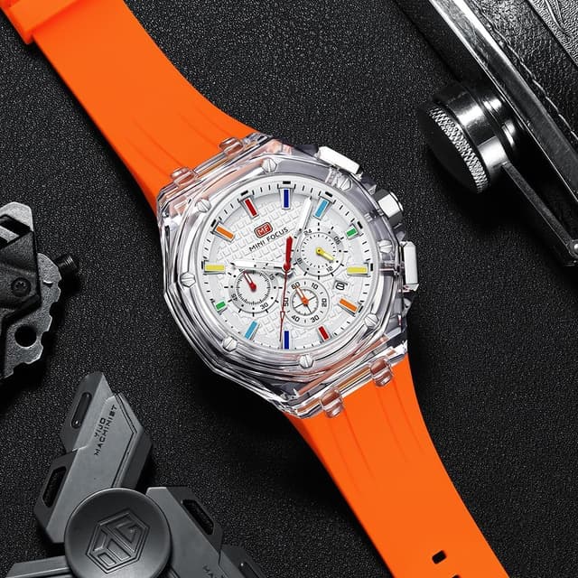 Detalle 2 de MF MINI FOCUS Mini Focus Men Watches : montre quartz multifonction à cadran analogique transparent, bracelet silicone