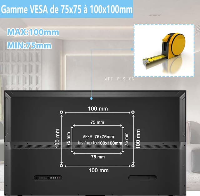 Detalle 2 de JXMTSPW support TV mural orientable et inclinable 14 à 27 pouces (VESA 75x75 / 100x100) jusqu’à 10 kg