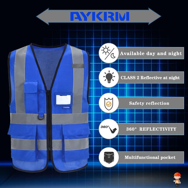 Detalle de AYKRM 21-Colour High Visibility Safety Vest with Zip Front, Reflective Strips & Phone/ID Pockets