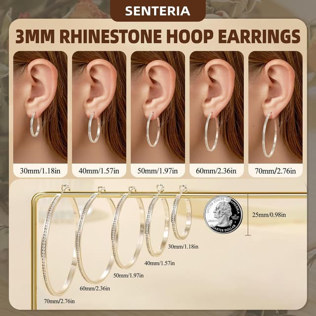 Detalle 2 de SENTERIA Creolen aus Sterling Silber 925 mit 3 mm Breite und kubischem Zirkonia (30/40/50/60/70 mm)