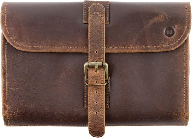 Detalle de MOONSTER Trousse de toilette suspendable unisexe en cuir de buffle et toile verte, 28 x 18 cm (fermée) — modèle pliable