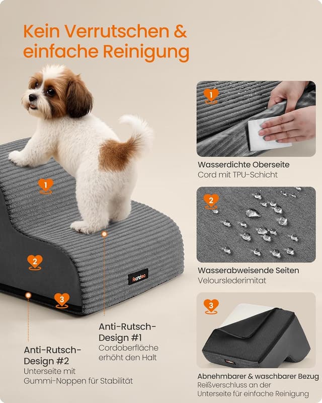 Detalle de Feandrea Hundetreppe mit 2 Stufen (schiefergrau) – wasserdicht, rutschfest, abnehmbarer & waschbarer Bezug, geringe Neigung PPS002GN01