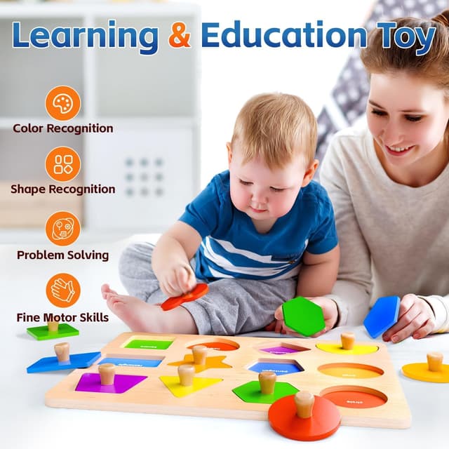 Detalle 2 de Wooden Shape Peg Puzzles for Toddlers (12–24 Months) – Montessori-style shape sorter & colour match wooden board